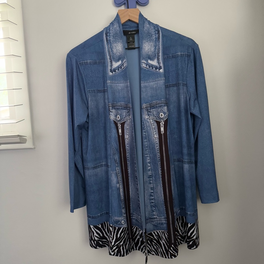 Ali Miles Medium Blue Denim Jacket Print Cardigan Zebra Trim Relaxed Office Work